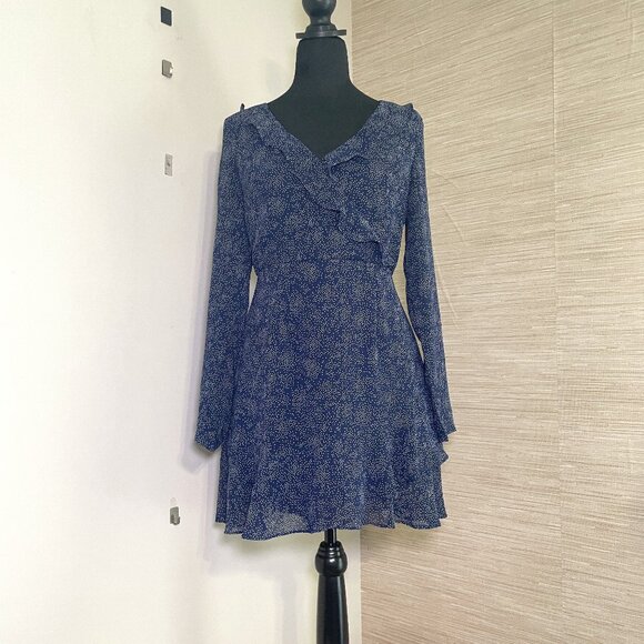 Women's Size 10 Yours Truly Navy Polka Dot Ruffled Neck Long Sleeve Dress - Picture 1 of 11